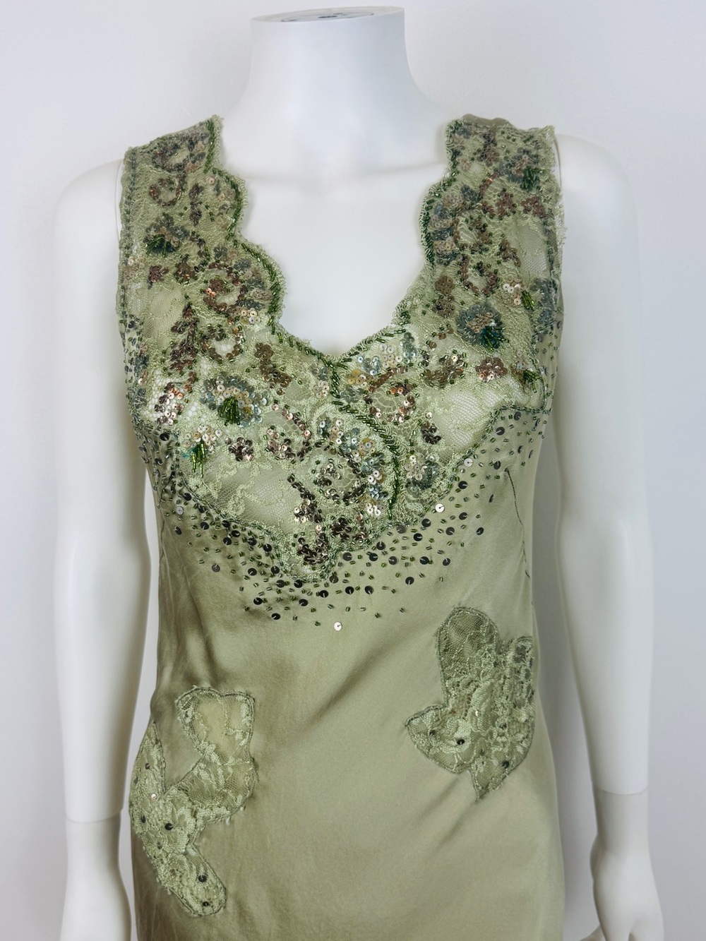 Vintage Alberto Makali Green Silk Beaded Sequin Lace Fairy Dress - Picture 2 of 12